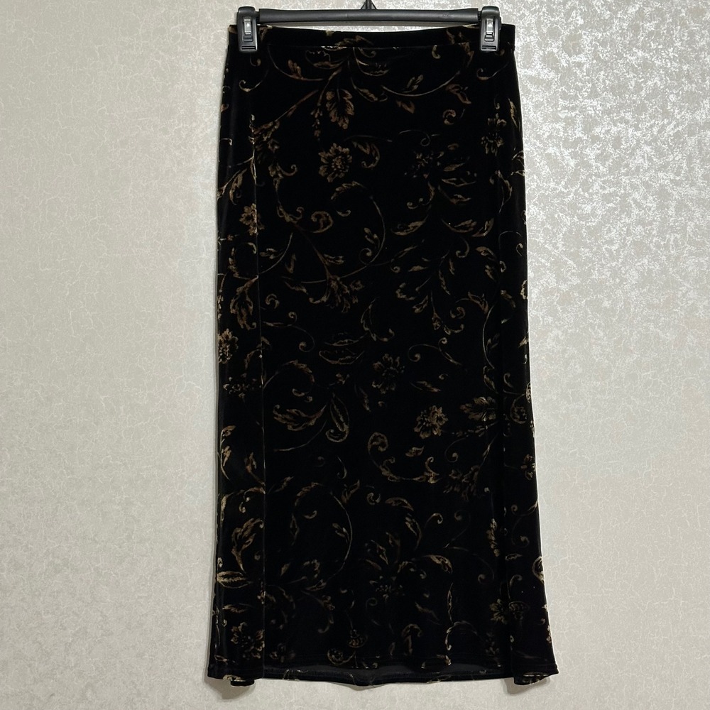 Kathie Lee Black Bronze Velvet Floral Midi Skirt Grunge Whimsigoth Vintage Y2K M